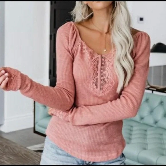 Vici Isn't It Romantic Lace Henley Top - Picture 3 of 7